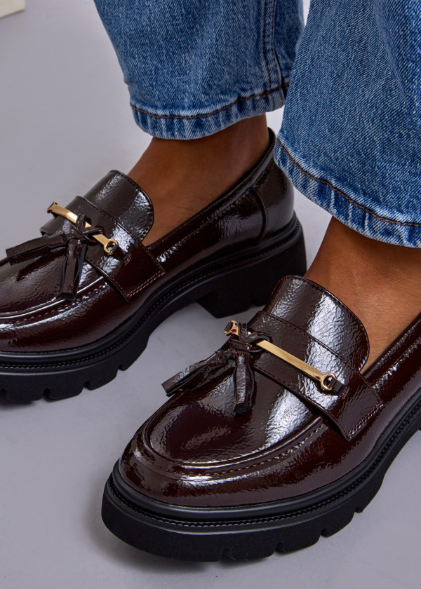 Wine Patent Loafers with Tassels and Gold Bar 1