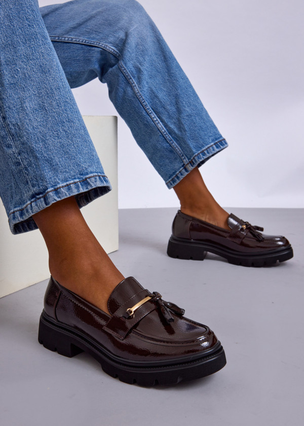 Wine Patent Loafers with Tassels and Gold Bar 2