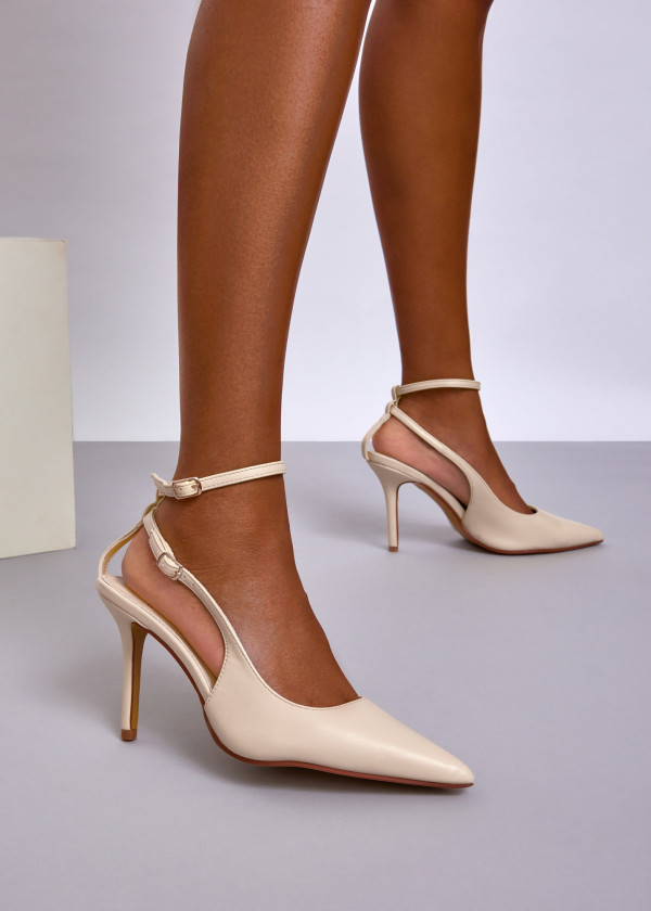 Beige Pointed Toe Slingback Heels with Ankle Strap 4