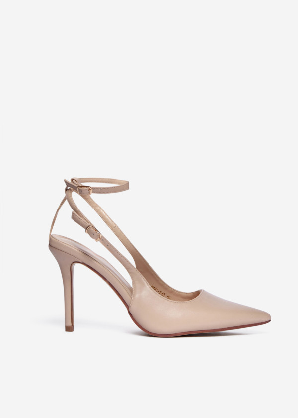 Beige Pointed Toe Slingback Heels with Ankle Strap 3