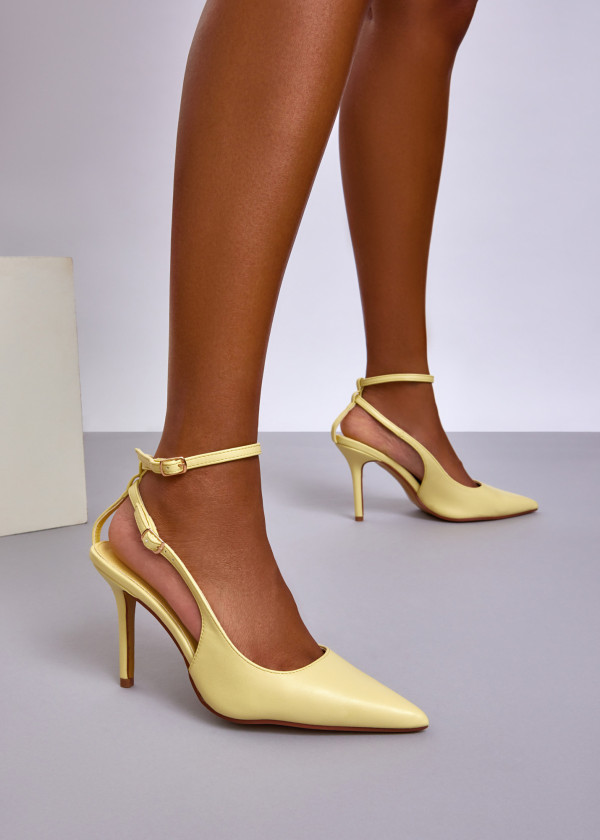 Yellow Pointed Toe Slingback Heels with Ankle Strap