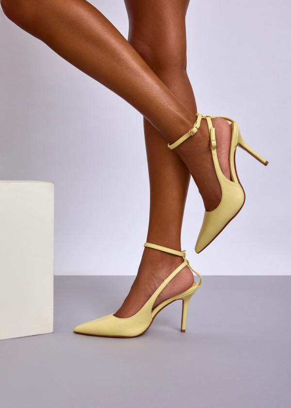 Yellow Pointed Toe Slingback Heels with Ankle Strap 1
