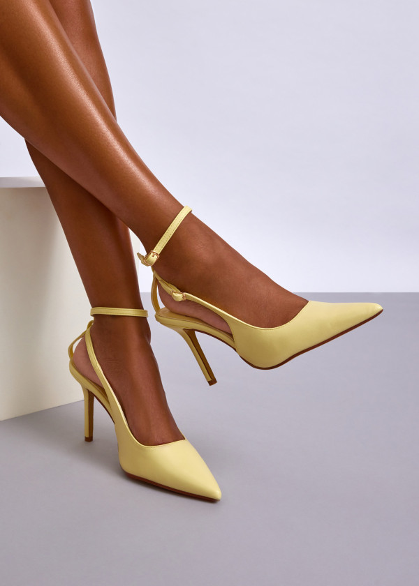 Yellow Pointed Toe Slingback Heels with Ankle Strap 2