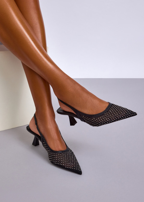 Black Mesh Slingback Kitten Heels with Rhinestone Embellishments 1