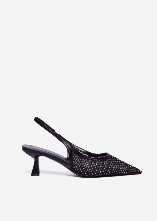Black Mesh Slingback Kitten Heels with Rhinestone Embellishments 3