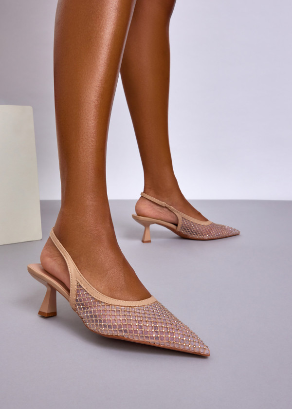 Nude Mesh Slingback Kitten Heels with Rhinestone Embellishments 4