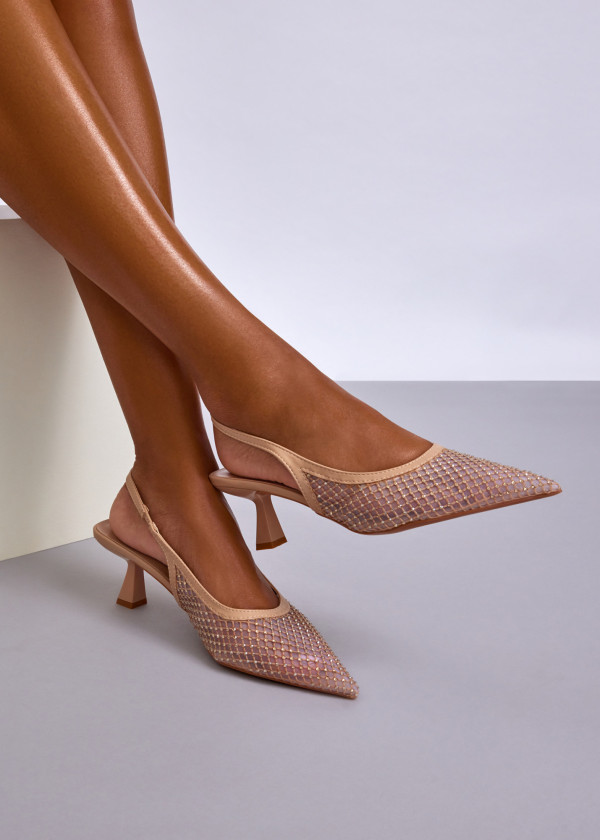 Nude Mesh Slingback Kitten Heels with Rhinestone Embellishments 1