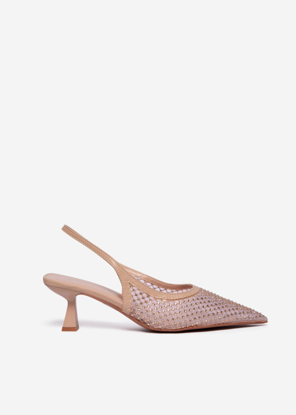 Nude Mesh Slingback Kitten Heels with Rhinestone Embellishments 3