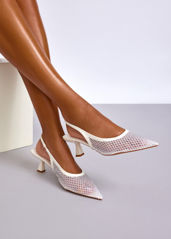 White Mesh Slingback Kitten Heels with Rhinestone Embellishments 1