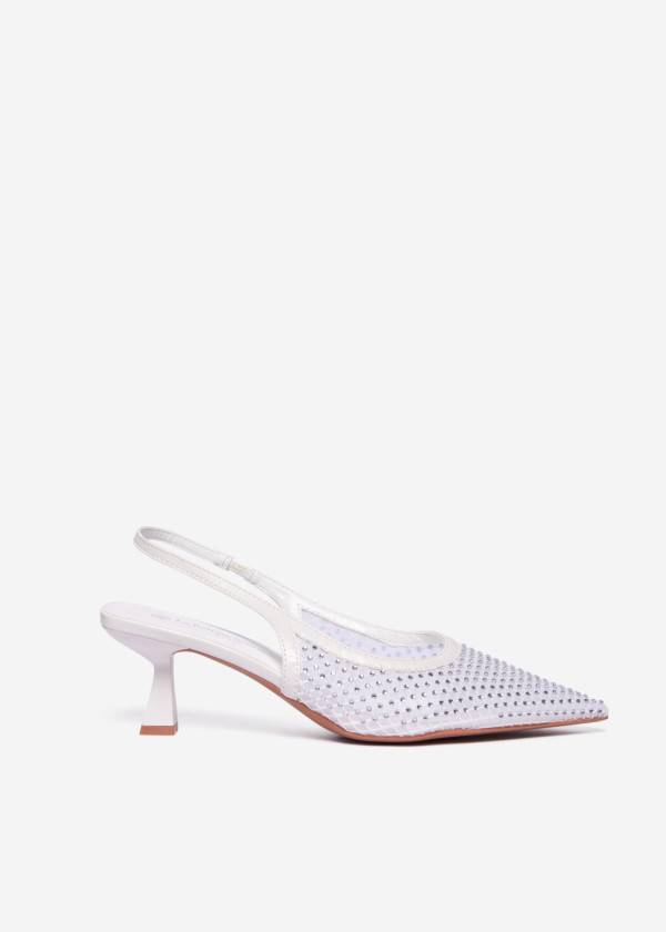 White Mesh Slingback Kitten Heels with Rhinestone Embellishments 3
