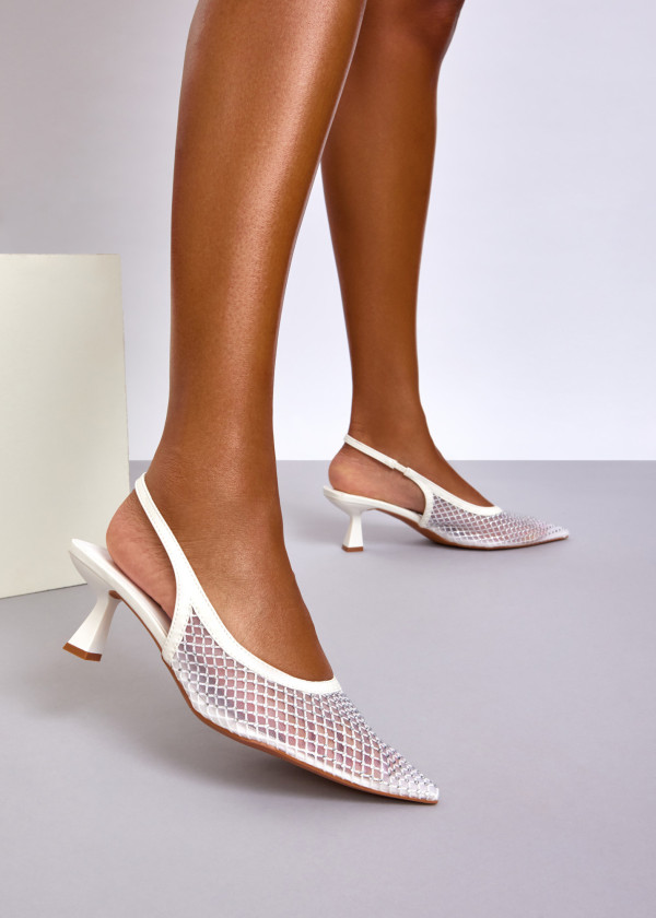 White Mesh Slingback Kitten Heels with Rhinestone Embellishments 4