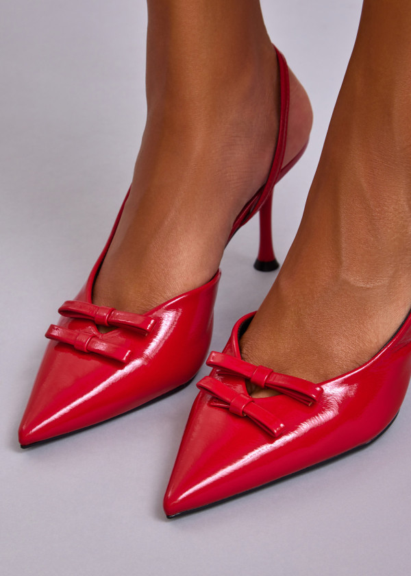 Red Patent Slingback Stiletto Heels with Bow Detail 1