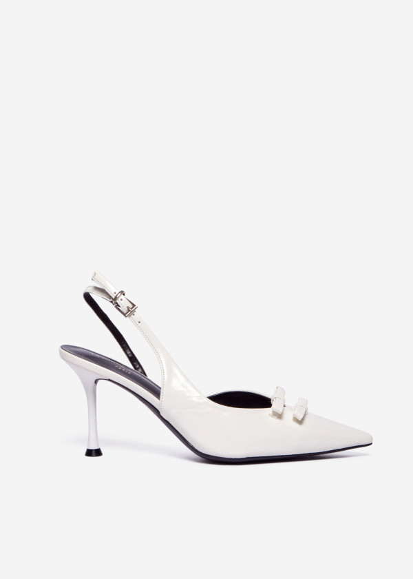 White Patent Slingback Stiletto Heels with Bow Detail 3