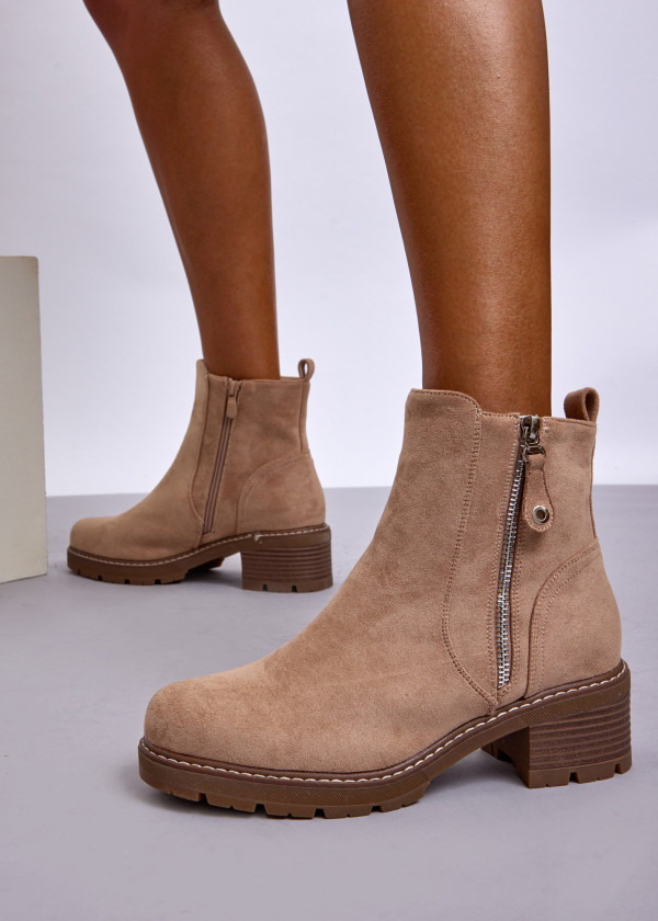 Khaki Suede Ankle Boots with Side Zip 4