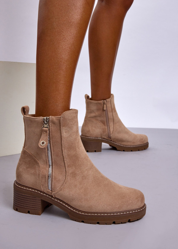Khaki Suede Ankle Boots with Side Zip 1