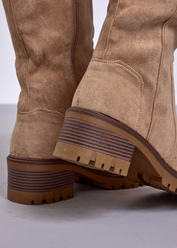 Khaki Suede Knee High Boots with Block Heel & Side Zip 2