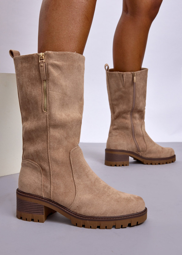 Khaki Suede Knee High Boots with Block Heel & Side Zip 1