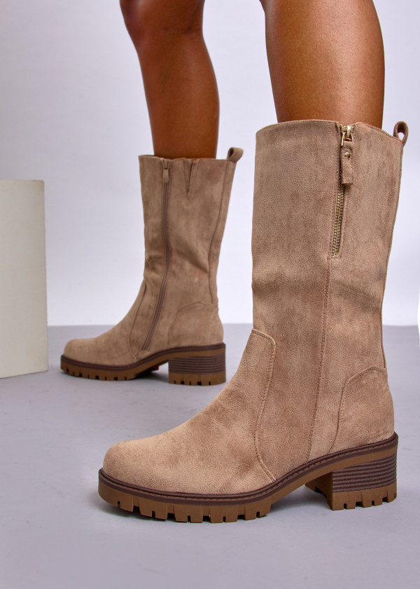 Khaki Suede Knee High Boots with Block Heel & Side Zip