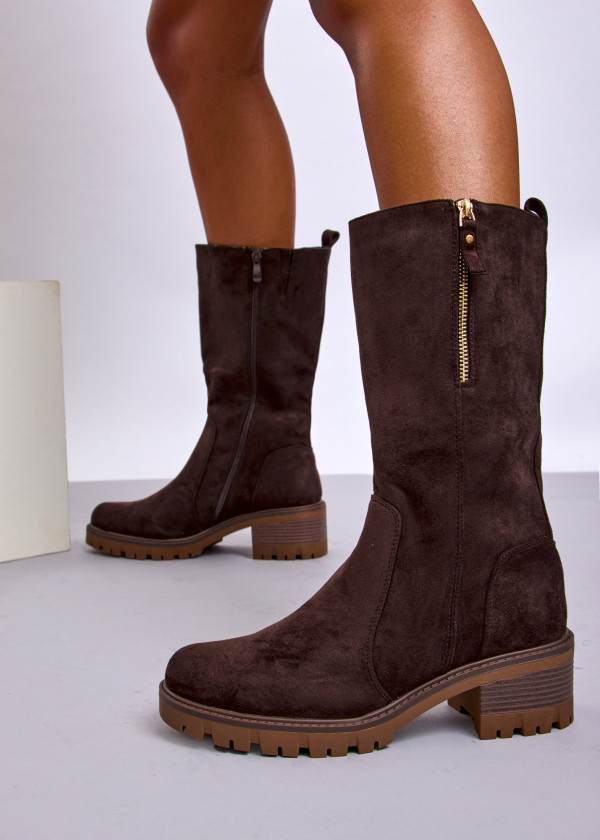 Brown Suede Knee High Boots with Block Heel & Side Zip
