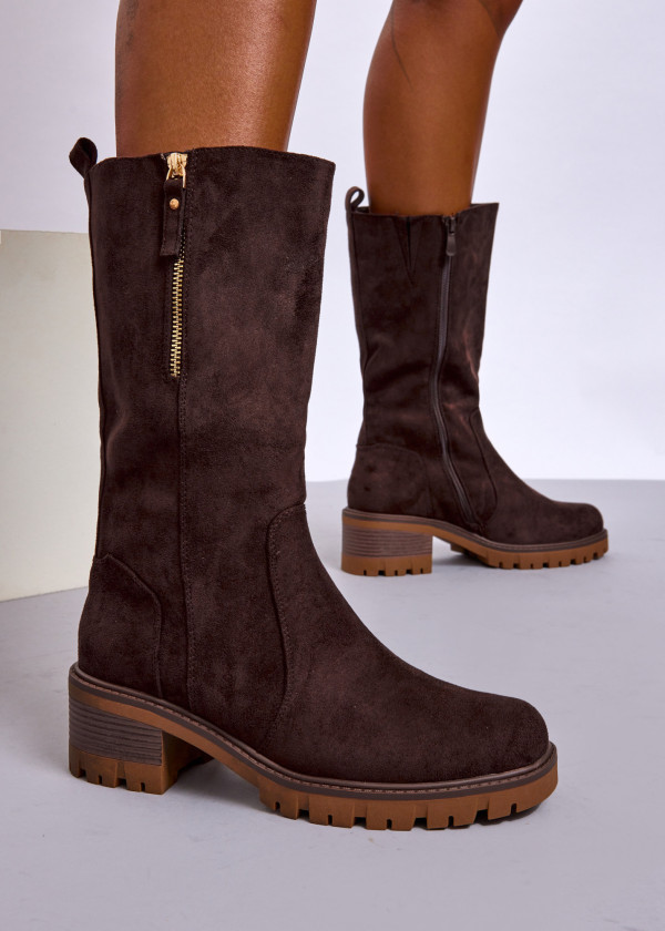 Brown Suede Knee High Boots with Block Heel & Side Zip 1