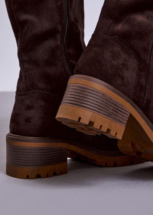 Brown Suede Knee High Boots with Block Heel & Side Zip 2