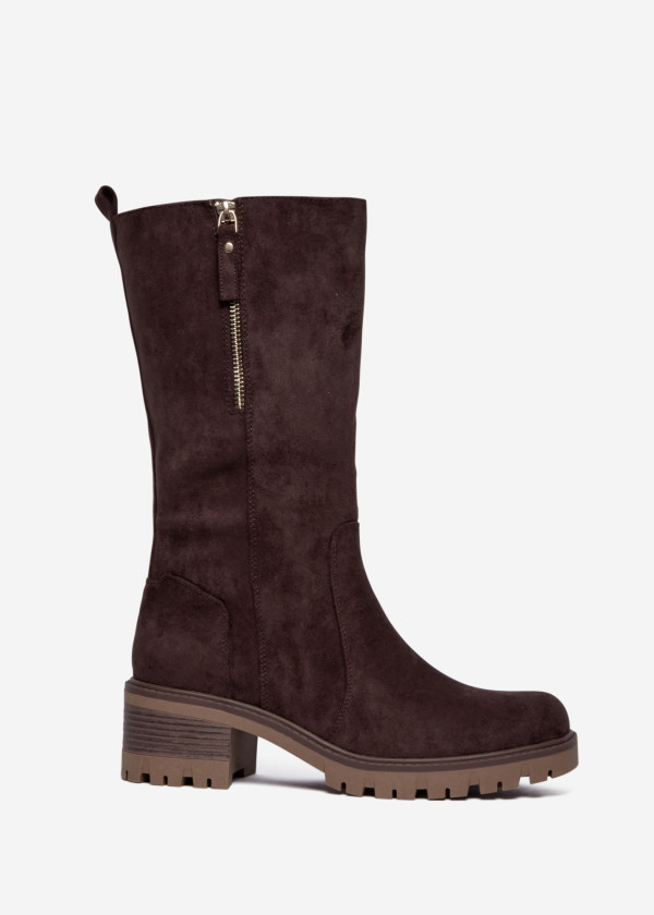 Brown Suede Knee High Boots with Block Heel & Side Zip 3