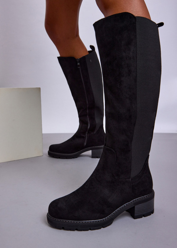 Black Suede Knee High Boots with Block Heel & Side Zip