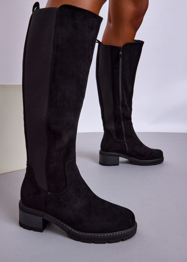 Black Suede Knee High Boots with Block Heel & Side Zip 1