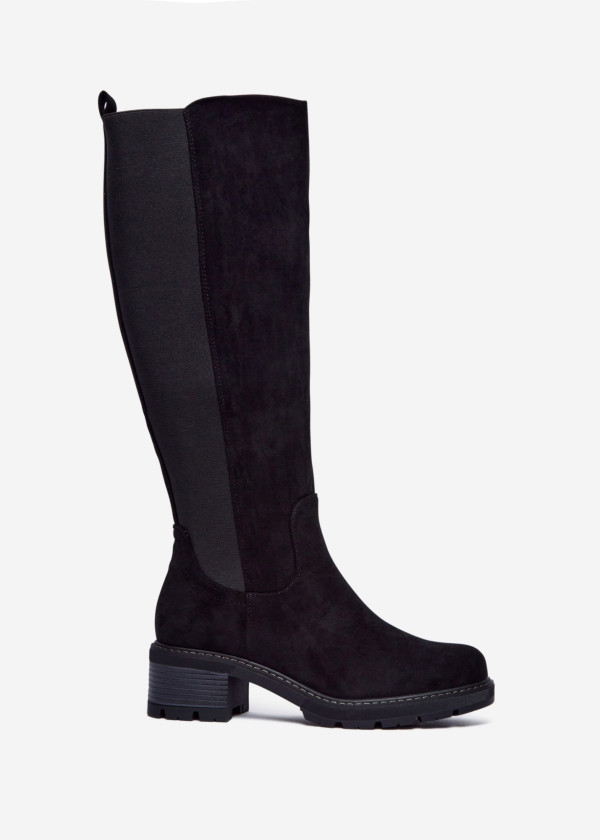 Black Suede Knee High Boots with Block Heel & Side Zip 3