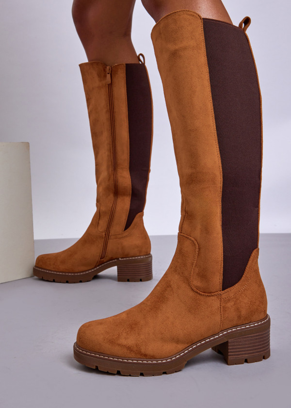 Tan Suede Knee High Boots with Block Heel & Side Zip