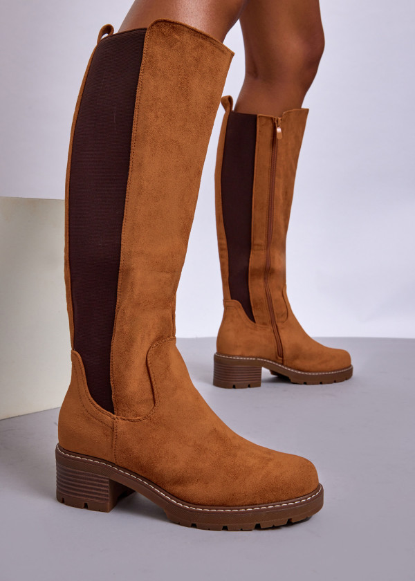 Tan Suede Knee High Boots with Block Heel & Side Zip 1