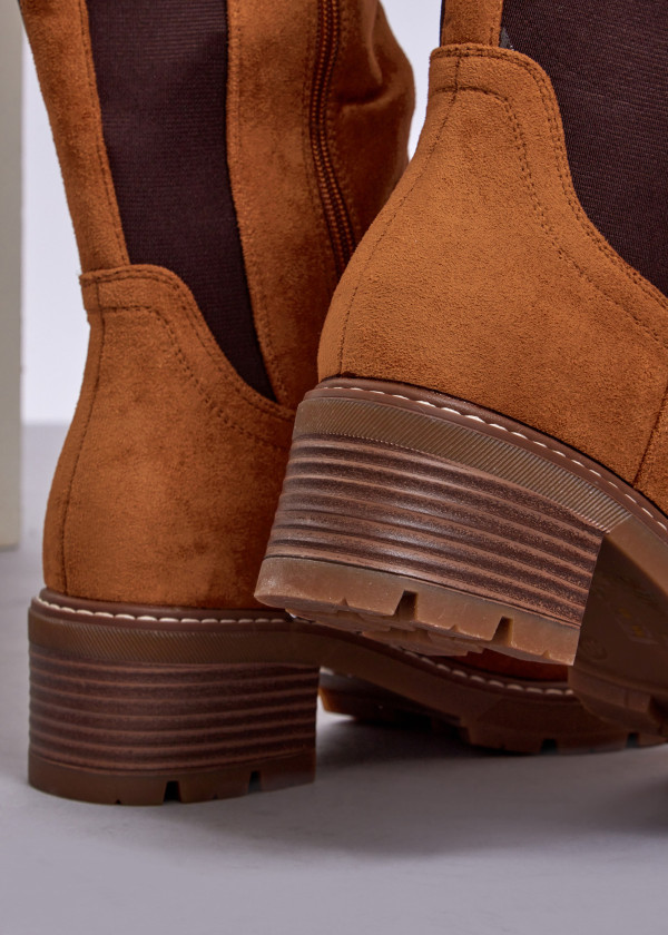 Tan Suede Knee High Boots with Block Heel & Side Zip 2