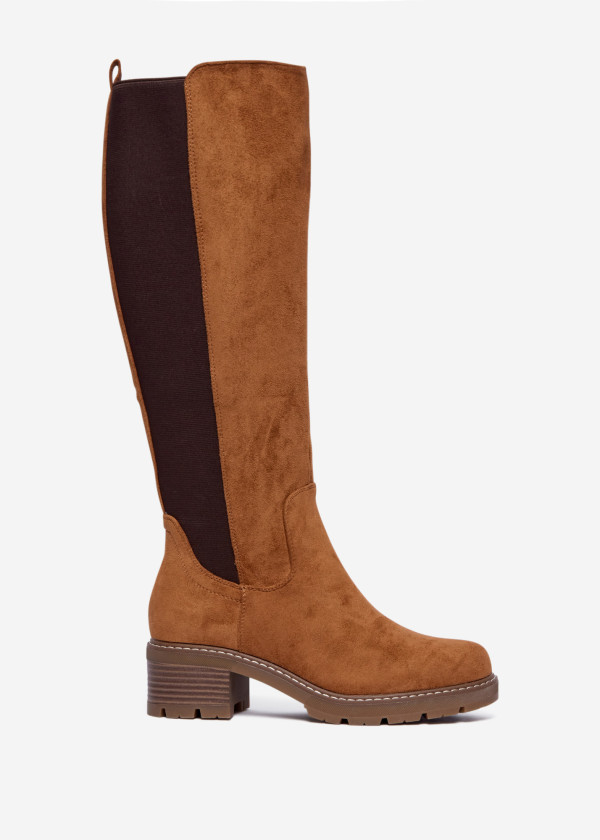 Tan Suede Knee High Boots with Block Heel & Side Zip 3