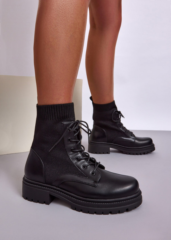 Black Knit Ankle Combat Boots with Lace-Up Detail 1