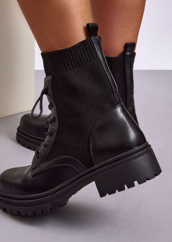Black Knit Ankle Combat Boots with Lace-Up Detail 2
