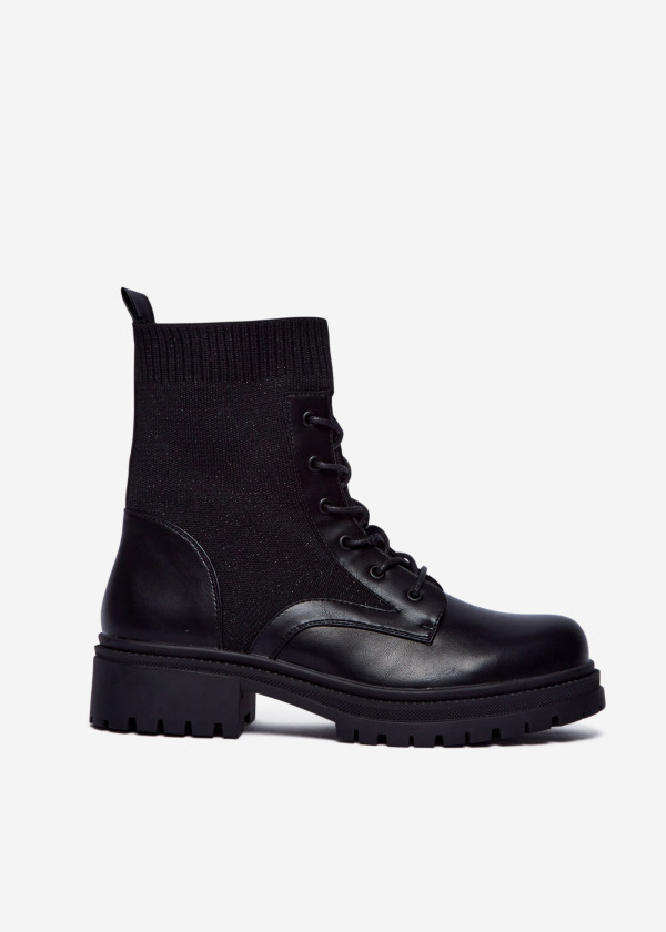 Black Knit Ankle Combat Boots with Lace-Up Detail 3