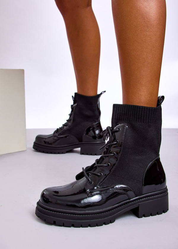Black Patent Sock Ankle Boots with Chunky Sole