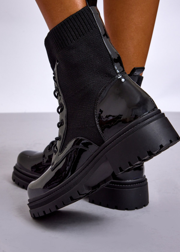Black Patent Sock Ankle Boots with Chunky Sole 2