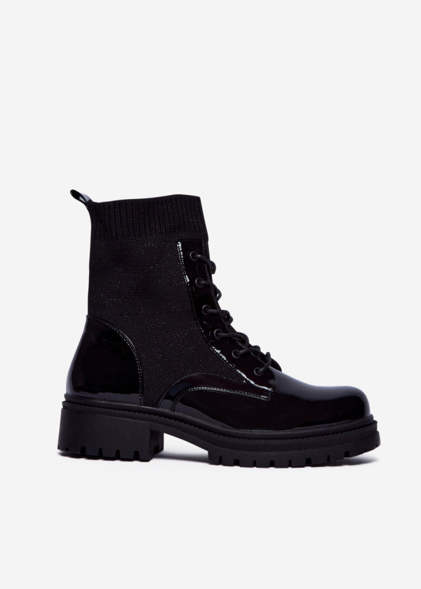 Black Patent Sock Ankle Boots with Chunky Sole 3
