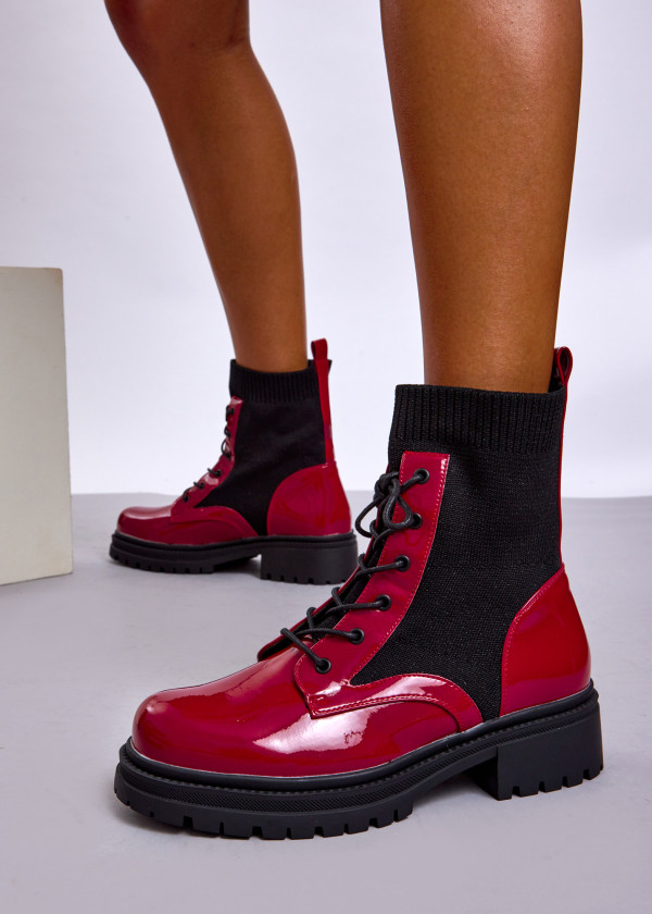 Wine Patent Sock Ankle Boots with Chunky Sole