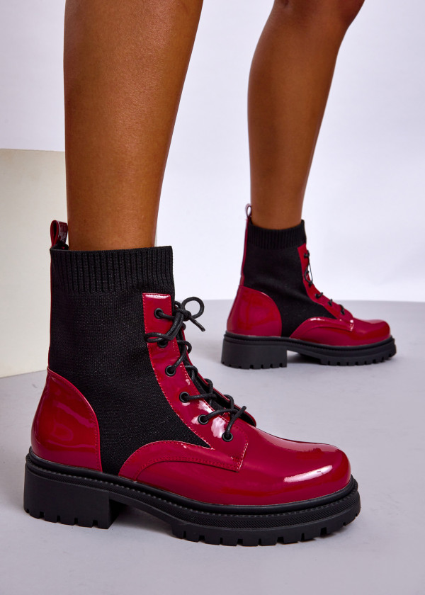 Wine Patent Sock Ankle Boots with Chunky Sole 1