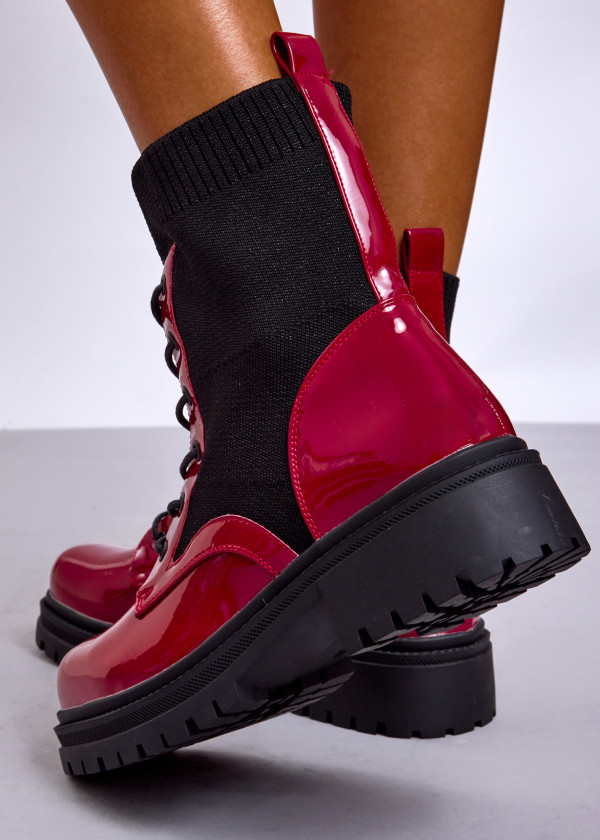 Wine Patent Sock Ankle Boots with Chunky Sole 2