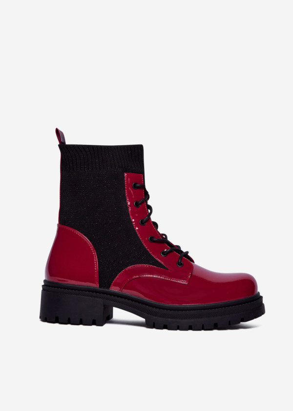 Wine Patent Sock Ankle Boots with Chunky Sole 3