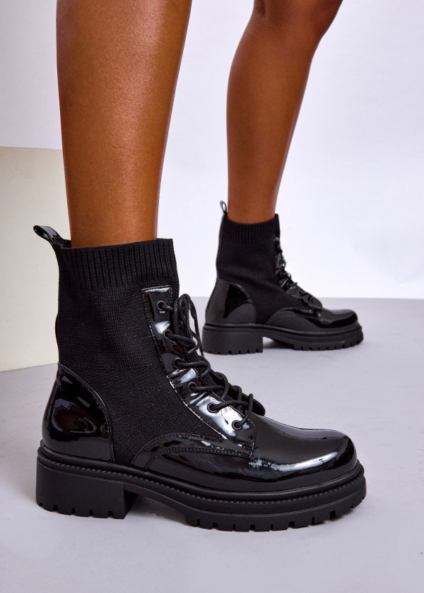Black Patent Sock Ankle Boots with Chunky Sole 1