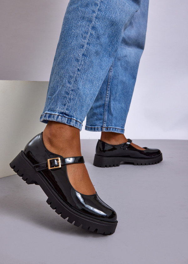 Black Patent Chunky Mary Jane Flats with Buckle Strap