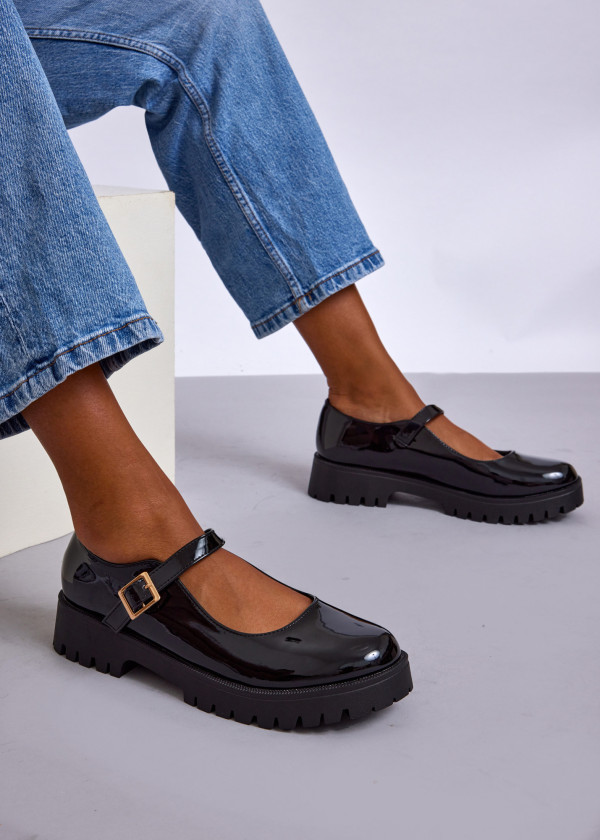 Black Patent Chunky Mary Jane Flats with Buckle Strap 1