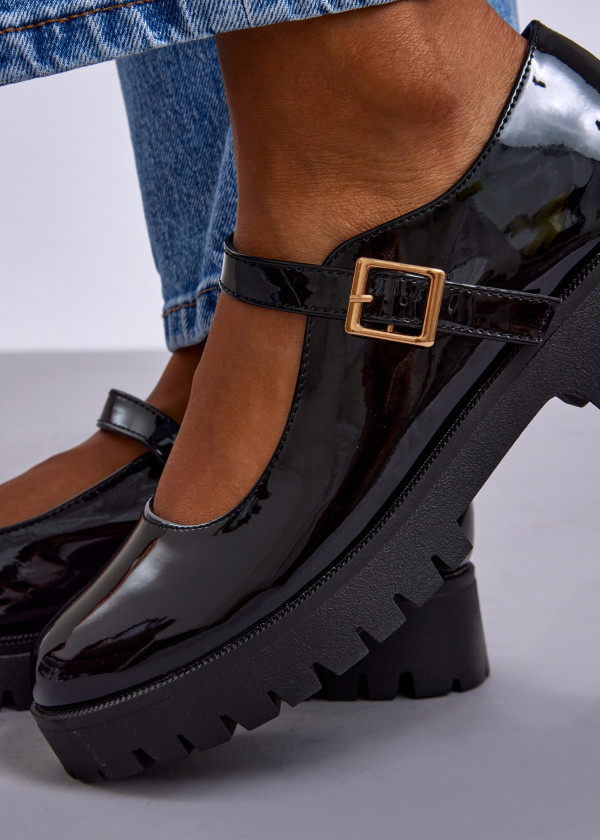 Black Patent Chunky Mary Jane Flats with Buckle Strap 2
