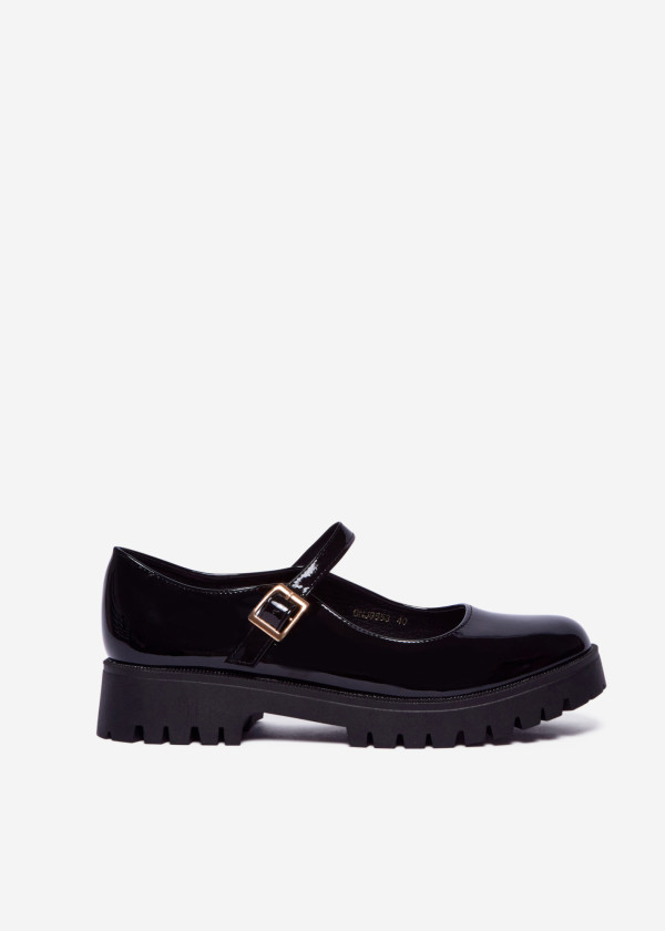 Black Patent Chunky Mary Jane Flats with Buckle Strap 3
