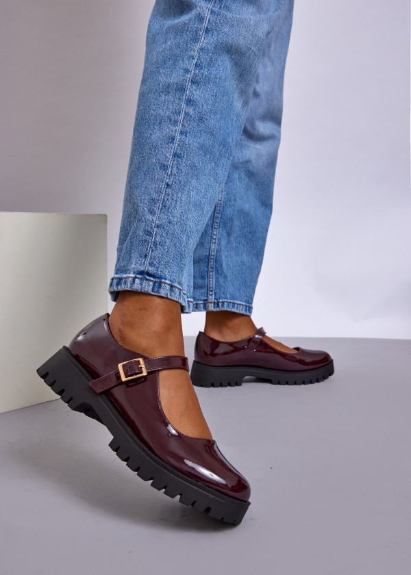 Wine Patent Chunky Mary Jane Flats with Buckle Strap 4