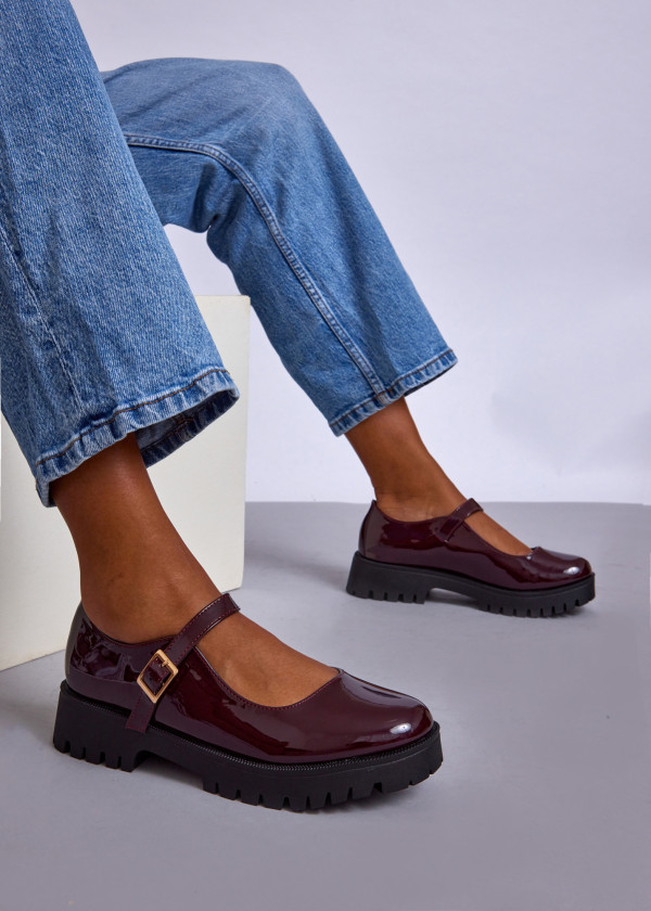 Wine Patent Chunky Mary Jane Flats with Buckle Strap 1